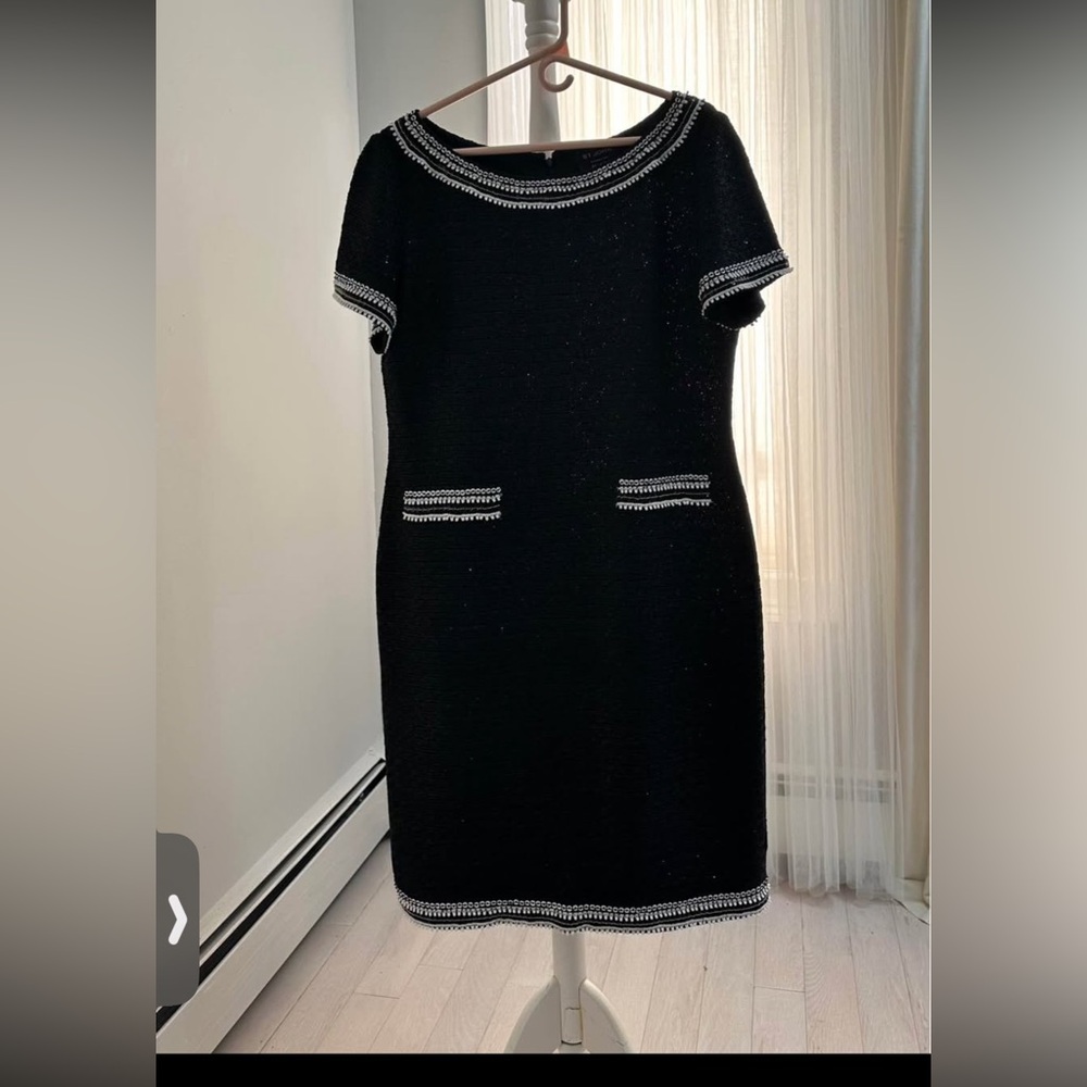 St. John Collection Black Knit Shift Dress and Jacket with White Beaded Trim